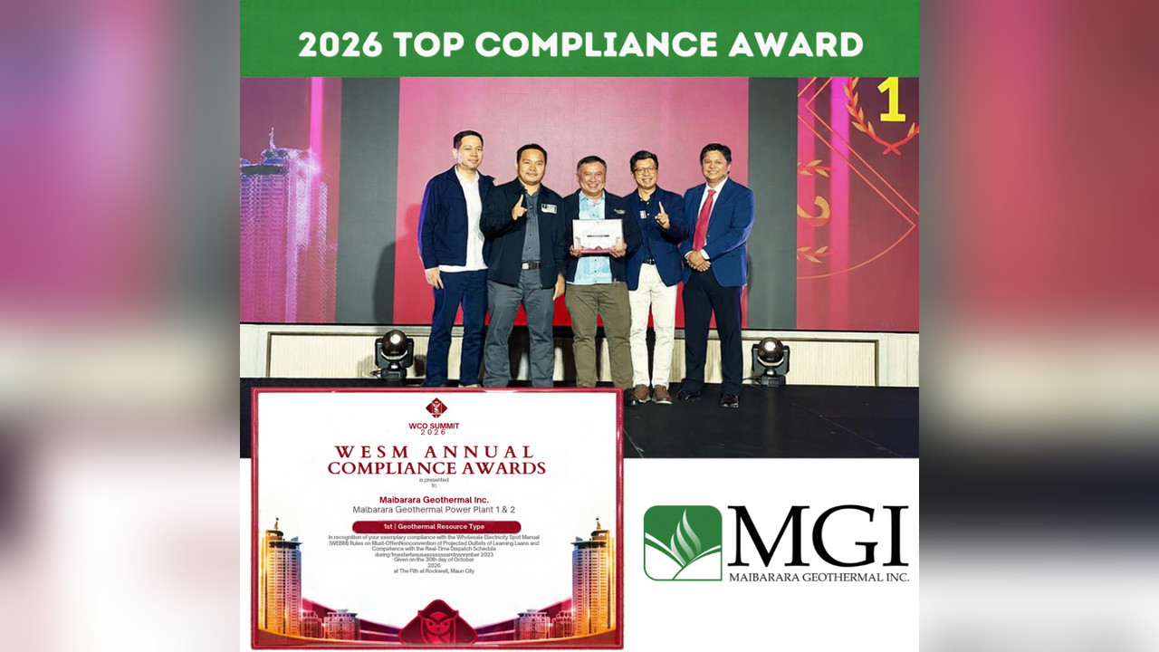 PGEC VP for Power Plant Operations Engr. Paul Morala (3rd from left) received the award from Compliance Committee Member Atty. Jose Roderick F. Fernando and Deputy Enforcement and Compliance Officer Mr. Mark Anthony Andrada. Also representing MGI were Market Compliance Engineer Ceejay V. Indaya and Energy Trading and Marketing Supervisor Engr. Miguel V. San Buenaventura.